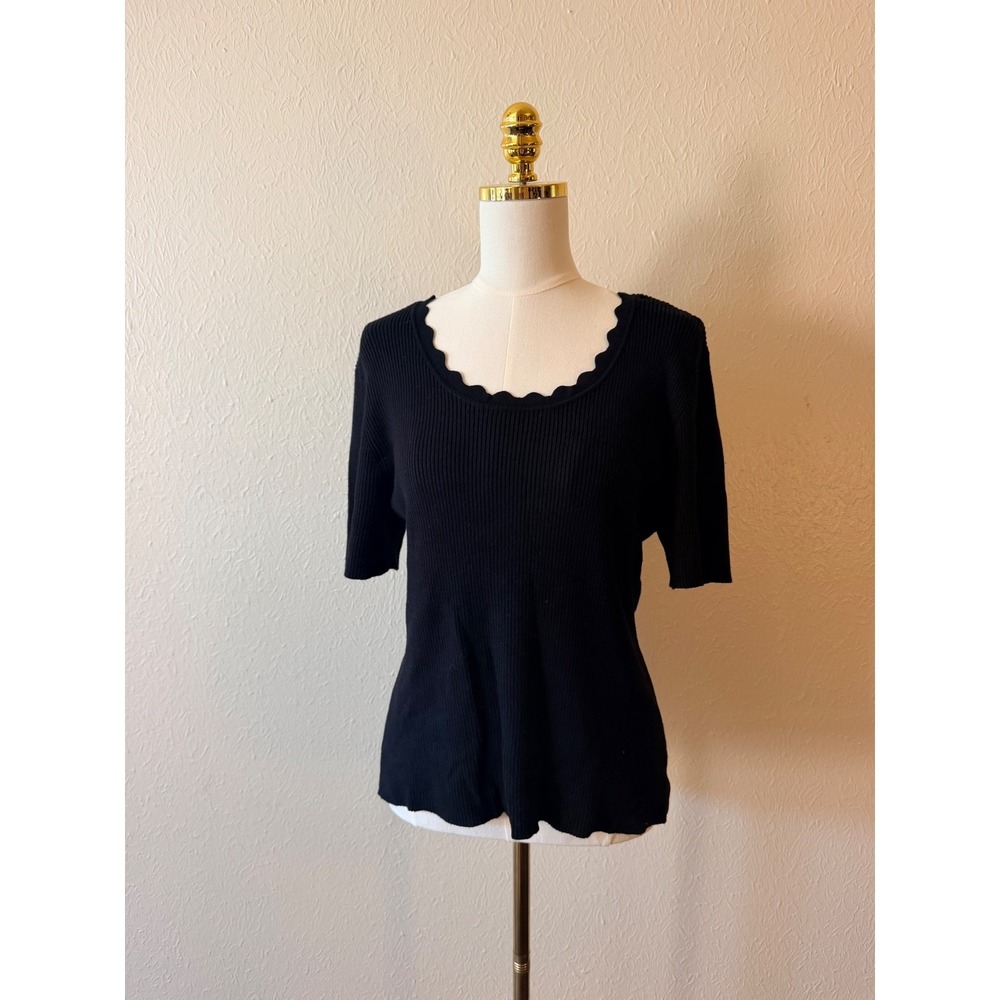 Marled Women Short Sleeve Top XL Black Scalloped Ribbed Knit Coquette Minimalist